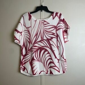 Chicos Womens Size 2P Large Petite Red White Palm Leaf Knit Top Short Sleeve